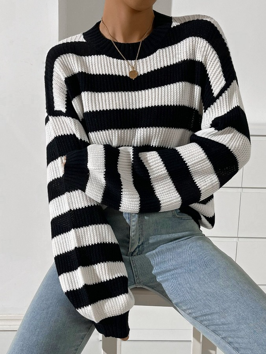 White/Black Striped Women's Knit Sweater