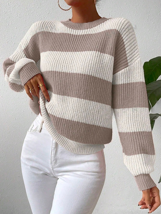 White/Beige Striped Women's Knit Sweater